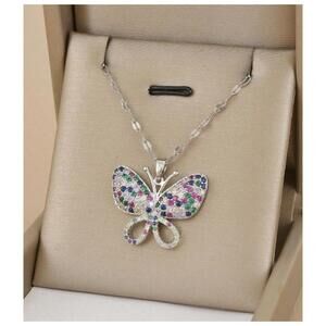 Multicolor butterfly - Necklace - Silver - CZs - 18"